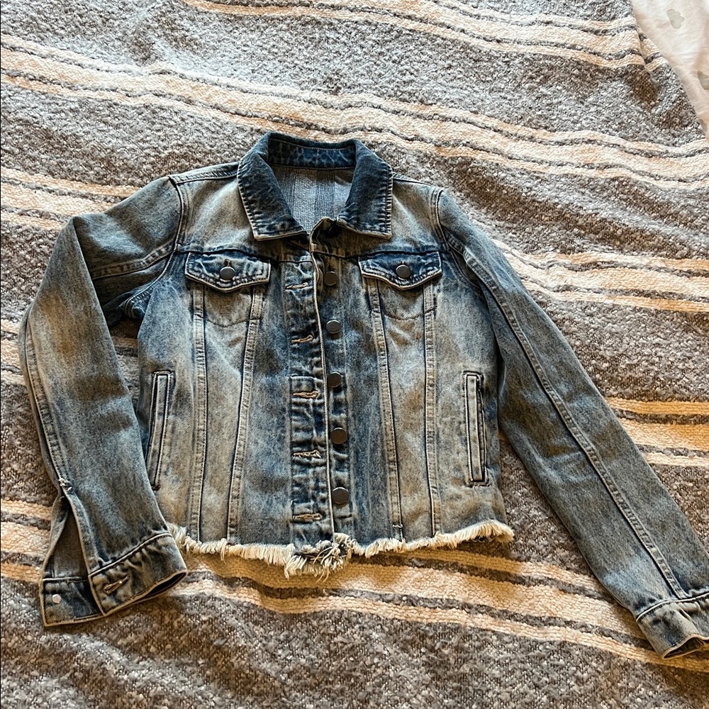 Washed Blue Denim cropped Jacket with beaded Skull Back Stripe - Picture 3 of 6